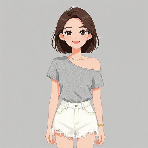 Digital anime-style drawing of an Asian woman with short black hair, gray off-shoulder top, white frayed shorts, blue background.