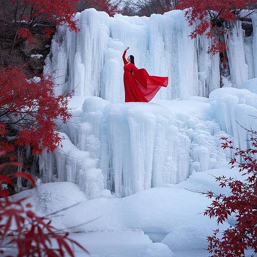 Photograph of a person in a flowing red dress standing on icy waterfall, arms raised, surrounded by vibrant red leaves.