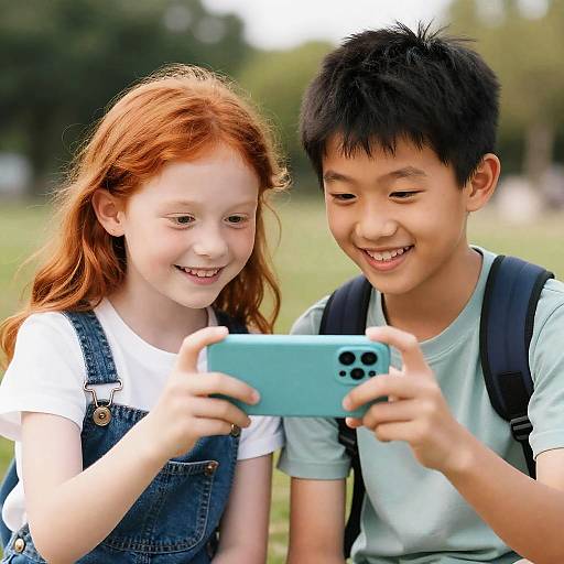 Photograph of a smiling Asian boy and red-haired white girl, both in casual clothes, holding and looking at a blue smartphone outdoors.