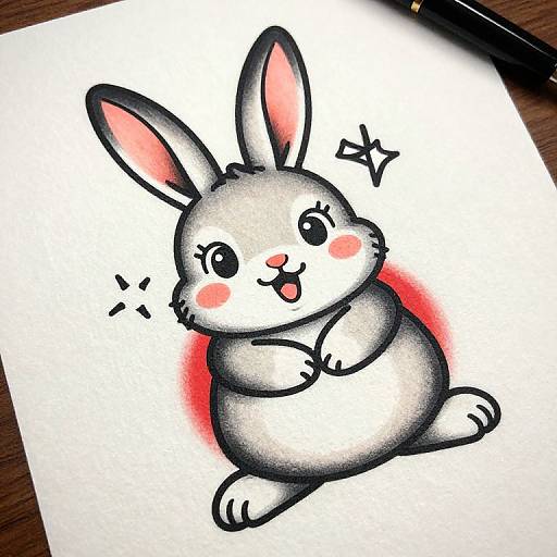 Cute, cartoon-style, white bunny with pink inner ears and blush, black eyes, and tongue out, sitting on white paper with red glow,