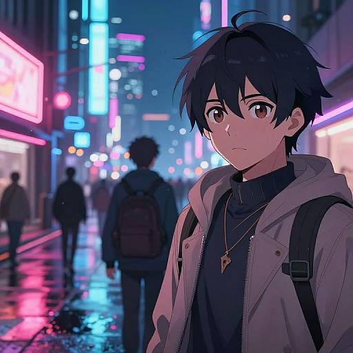 Anime-style digital illustration of a young man with black hair, brown eyes, wearing a hoodie and necklace, standing in a neon-lit, rainy urban