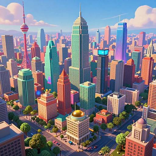 Vibrant CGI cityscape of a futuristic metropolis with colorful skyscrapers, including a distinctive tower with a red sphere, under a bright blue