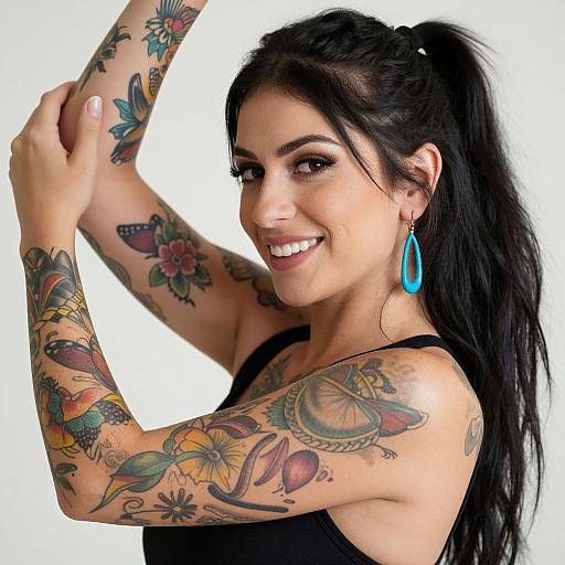 Smiling Woman with Colorful Tattoos