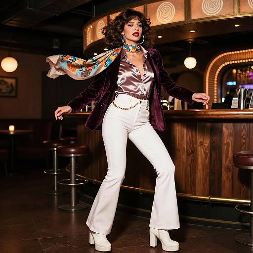 Photograph of a confident woman in a dark purple velvet jacket, shiny silver blouse, white flared pants, white heels, colorful scarf, and hoop