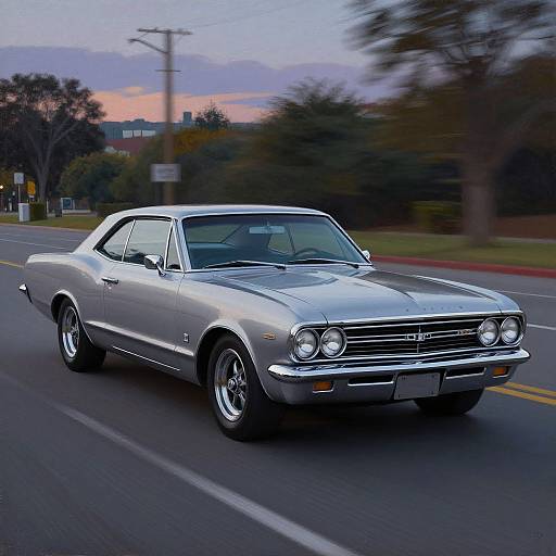 Photograph of a sleek, silver 1960s muscle car driving on a suburban street at dusk, with blurred trees and buildings in the background.