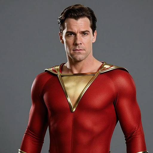 Photograph of a muscular Caucasian man with dark hair in a red, form-fitting superhero suit with gold triangular shoulder accents, standing against a gray background