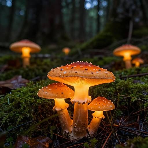 Photograph of glowing orange mushrooms with droplets on caps, illuminated in a dark, mossy forest, with blurred background mushrooms.