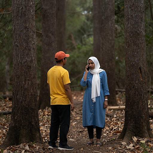 Woman on Phone in Forest Path