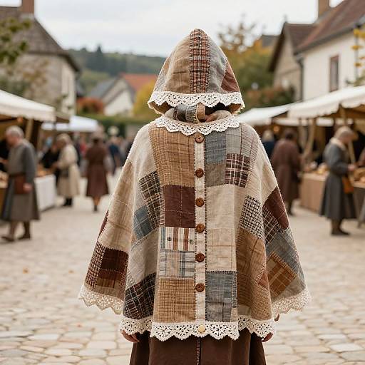 Photograph of a person from behind, wearing a patchwork quilted cloak with lace trim, hood up, in a cobblestone village market street