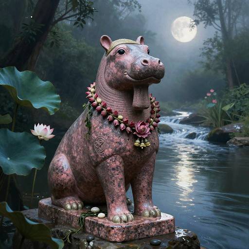 Moonlit Taweret Statue in Jungle Mist