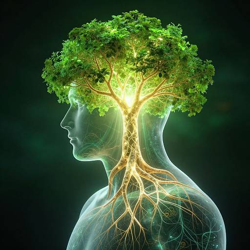Digital artwork of a translucent human profile with a glowing green tree growing from their head, roots extending down their neck. Black background.