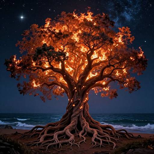 Digital artwork of a blazing, fiery tree with twisting roots standing on a beach at night, with a starry sky and ocean waves in the background.