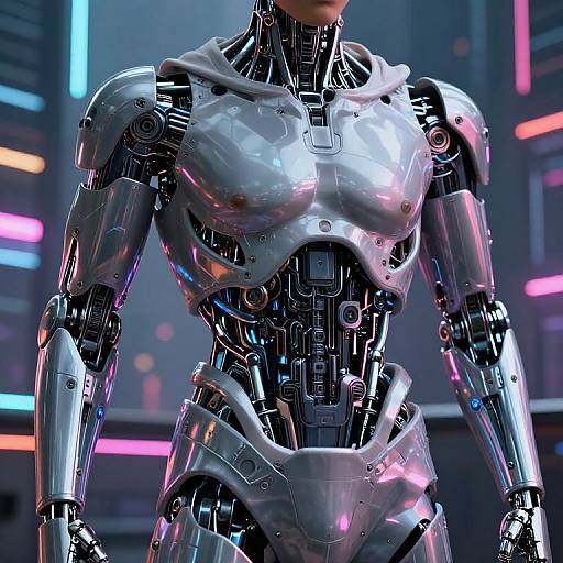 Photorealistic CGI of a futuristic, silver armored android with exposed mechanical internals, neon-lit background, and sleek, reflective metallic textures.