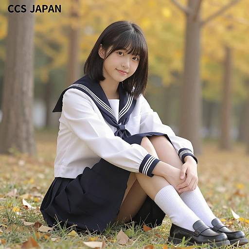 Charming Japanese Schoolgirl in Autumn Forest