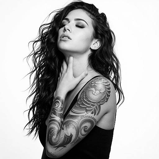 Black-and-white photograph of a tattooed woman with long, wavy hair, eyes closed, hand on neck, showcasing intricate arm tattoos.