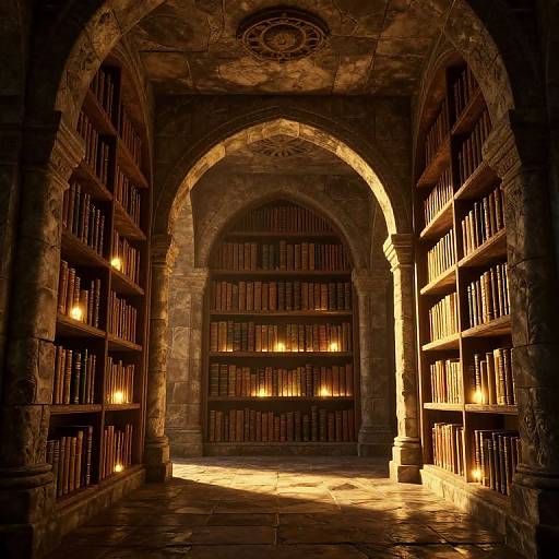 Photograph of a dimly lit, ancient stone library with tall, arching ceilings, filled with dark wooden bookshelves, illuminated by warm,