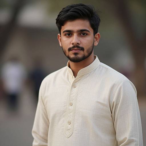 Photograph of a young South Asian man with dark hair and beard, wearing a white embroidered traditional kurta, standing outdoors with a blurred background.