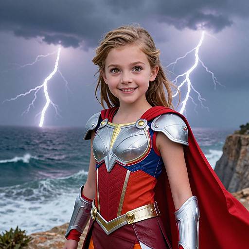 Photograph of a young girl with blonde hair, smiling, dressed as a superhero with silver armor, red cape, and red suit, standing on a