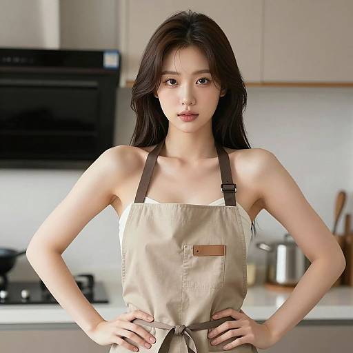 Photograph of an Asian woman with long black hair, wearing a beige apron, standing confidently in a modern kitchen.