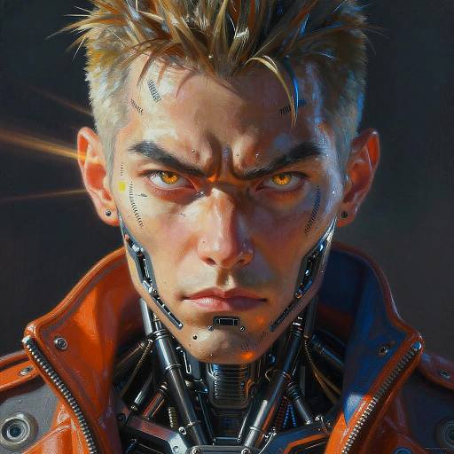 Digital art of a cybernetic man with glowing yellow eyes, spiky blonde hair, mechanical face, and orange leather jacket, against a dark background