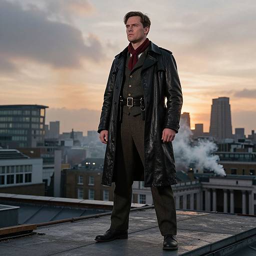 Photograph of a serious, dark-haired man in a black leather coat and brown suit standing on a rooftop at sunset, with city buildings and smoke in