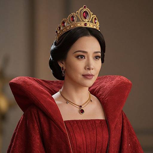 Photograph of a young woman with fair skin, dark hair in an updo, wearing a red velvet gown, gold crown, and red gemstone