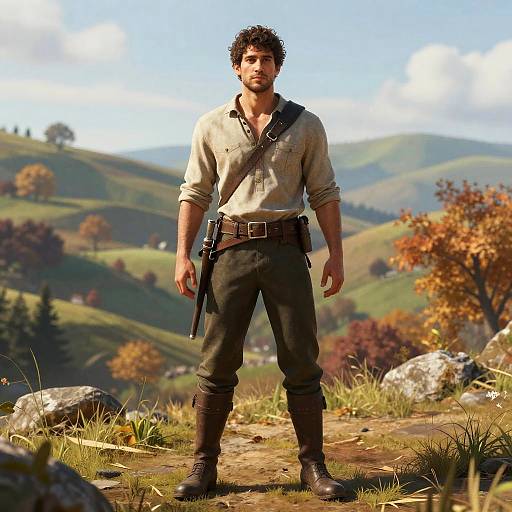 Photorealistic CGI of a rugged, curly-haired man with a beard, wearing a beige shirt, black pants, and boots, standing on a grass