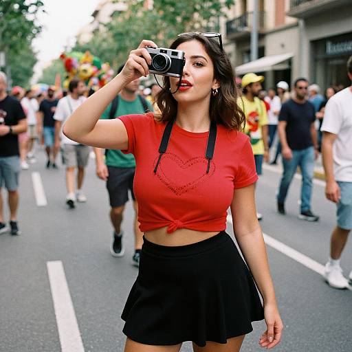 Photograph of a young woman in a red crop top and black skirt, holding a camera, walking on a bustling city street with diverse, colorful crowd