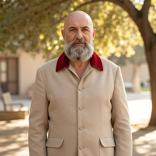 Photograph of an elderly man with a bald head and gray beard, wearing a beige jacket with red collar, standing outdoors in a sunlit, tree