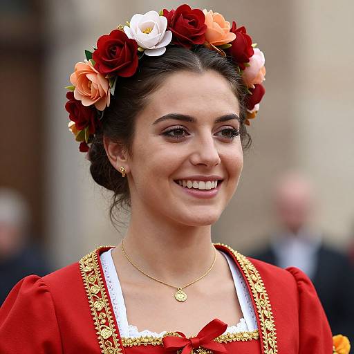 Photograph of a smiling woman with olive skin, dark hair in an updo, wearing a red dress with gold embroidery, white lace trim, and