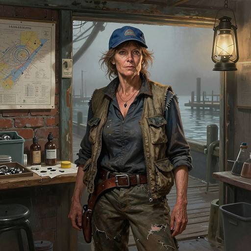 Photograph of a rugged, middle-aged woman with shoulder-length brown hair, wearing a blue cap, dark shirt, and olive vest, standing in a