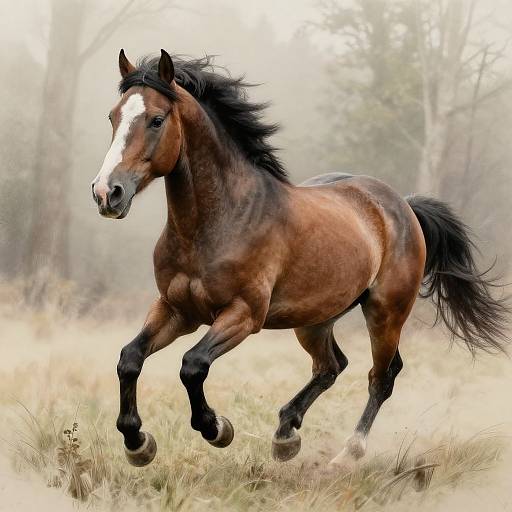 Photograph of a galloping, brown-and-white pinto horse with a black mane and tail, in a misty, grassy forest.