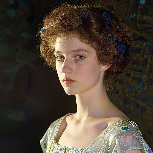 Photorealistic digital portrait of a fair-skinned, young woman with curly brown hair, blue eyes, and delicate features, wearing a translucent, pattern