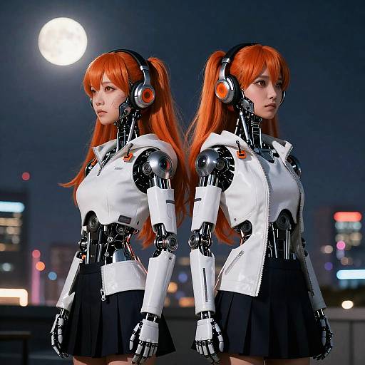CGI image of two identical anime-style female robots with orange hair, white and black cybernetic outfits, and headphones, standing back-to-back at