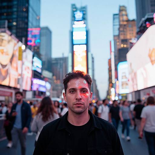 Photograph of a serious, dark-haired man with red light on his cheek, standing in a bustling, brightly lit Times Square.