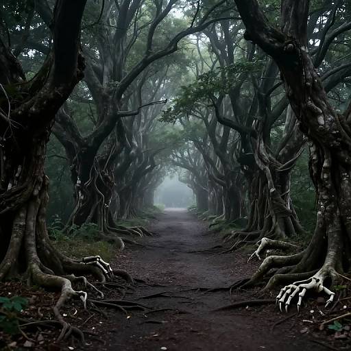 Eerie Forest Pathway Into Mist