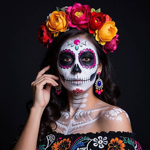 Photograph of a woman with Day of the Dead face paint, colorful flower crown, intricate jewelry, and black lace dress against a black background.