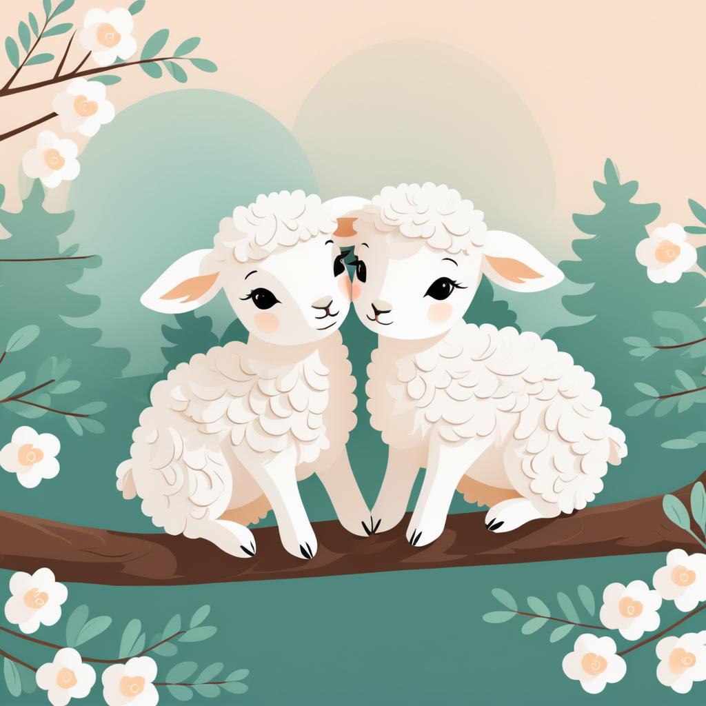 Charming Lambs Cuddling on a Branch