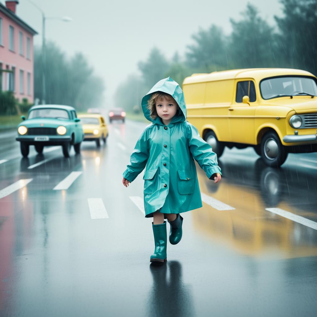 Child Crossing Road in Whimsical Style