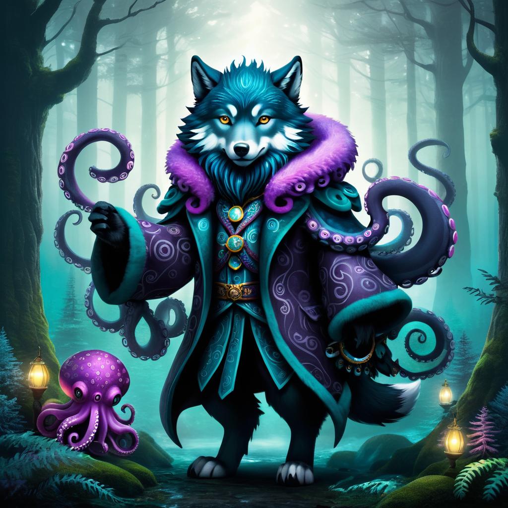 Mystical Wolf-Octopus in Enchanted Forest