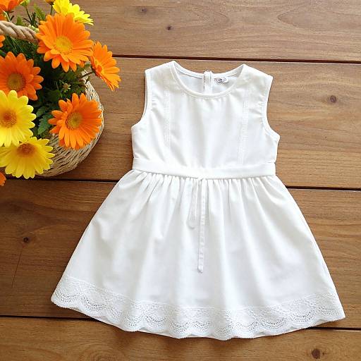 Photograph of a white, sleeveless, lace-trimmed children's dress on a wooden table, beside a basket of vibrant orange and yellow d