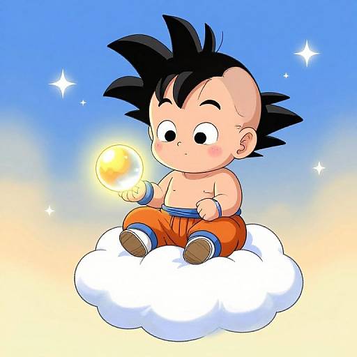 Digital drawing of a chubby, shirtless, black-haired baby with spiky hair, wearing orange pants and blue wristbands, sitting on a cloud,