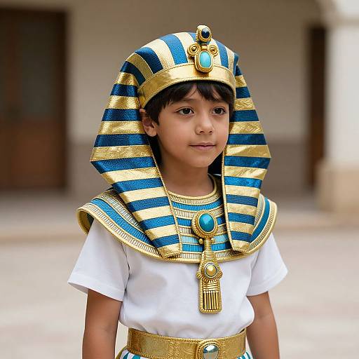 Photograph of a young boy with tan skin wearing an Egyptian-style headdress and collar, featuring blue and gold stripes, with a white tunic and