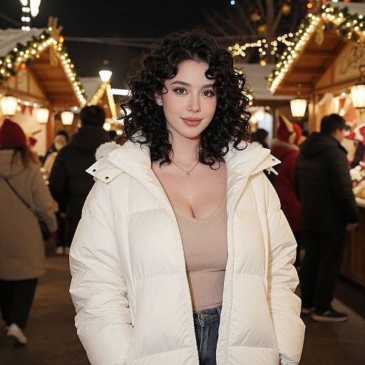 Photograph of a curly-haired woman with fair skin, wearing a white puffer jacket and beige ribbed tank top, standing in a festive, warmly