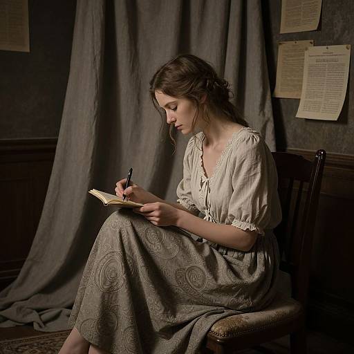 Photograph of a young woman with brown hair in a white blouse and gray patterned skirt, writing in a notebook, seated on a wooden chair against