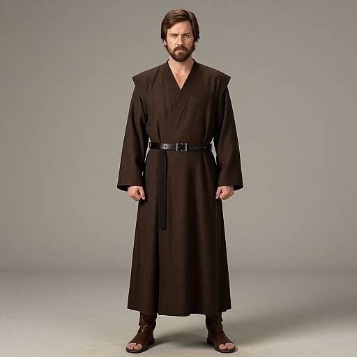 Photograph of a bearded man with brown hair, wearing a black, long-sleeved, V-neck robe with shoulder pads, black belt,