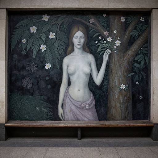 Woman and Tree Fresco in Magritte Style