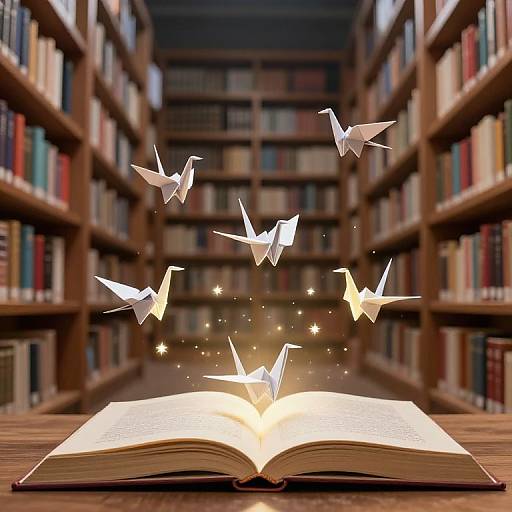 Photograph of an open book in a library, emitting glowing paper birds and sparkling lights, surrounded by towering bookshelves.