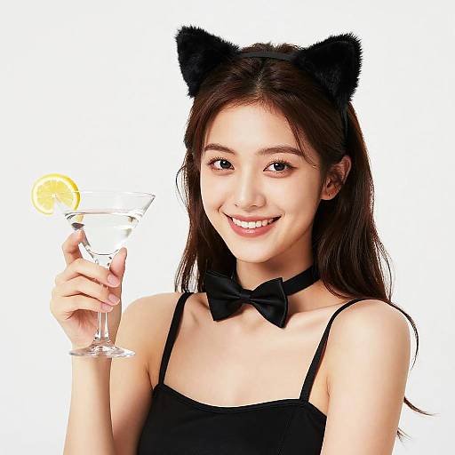 Photograph of a smiling Asian woman with long brown hair, black cat ears, bow tie, and black dress, holding a cocktail with a lemon slice