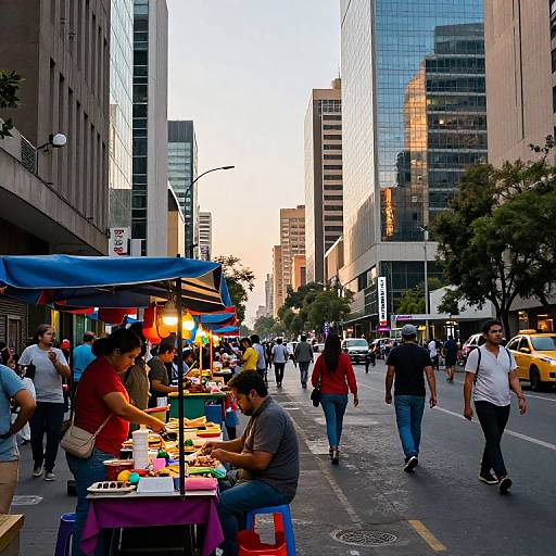 Photograph of a bustling urban street market at dusk, with vendors under blue awnings, customers walking, tall buildings reflecting sunset light, and yellow taxis